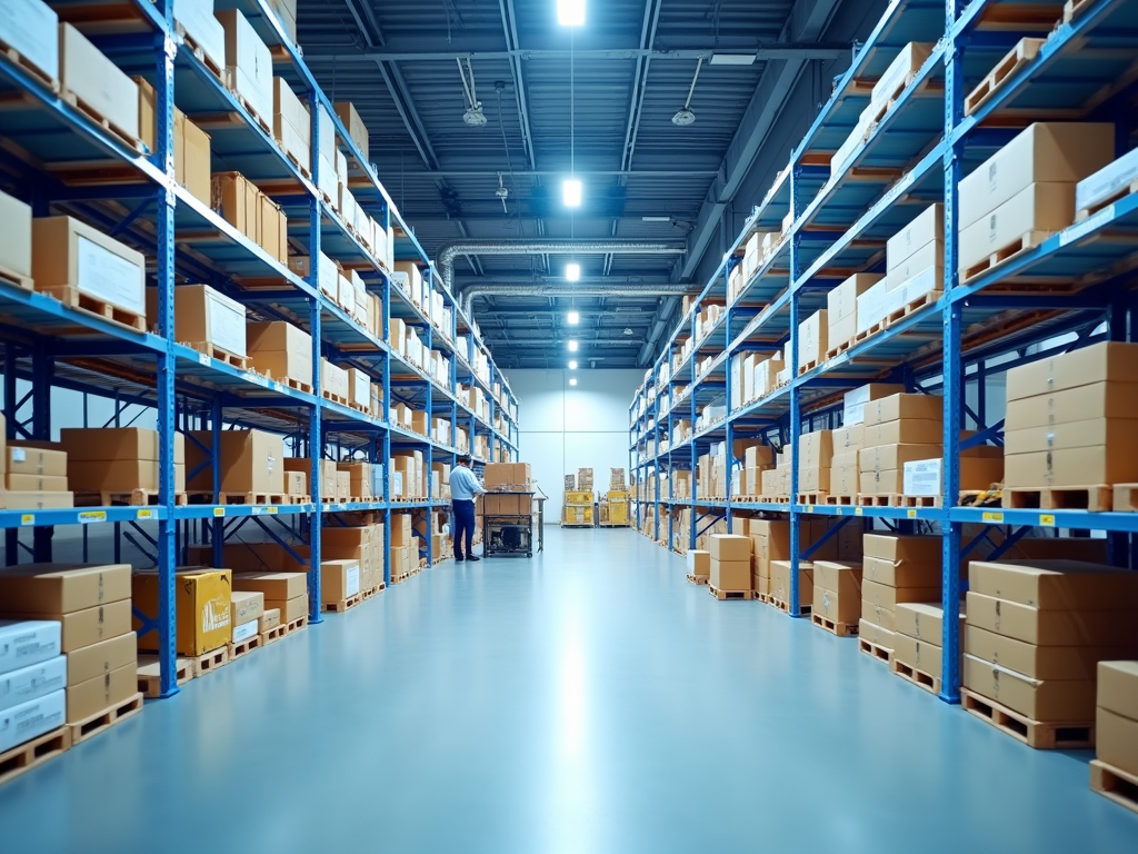 Large warehouse interior with tall blue racks filled with boxes and a person organizing goods.