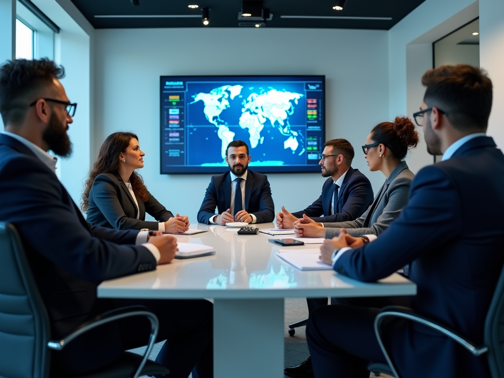 Business professionals discussing in a meeting room with a world map on a digital screen in the background.