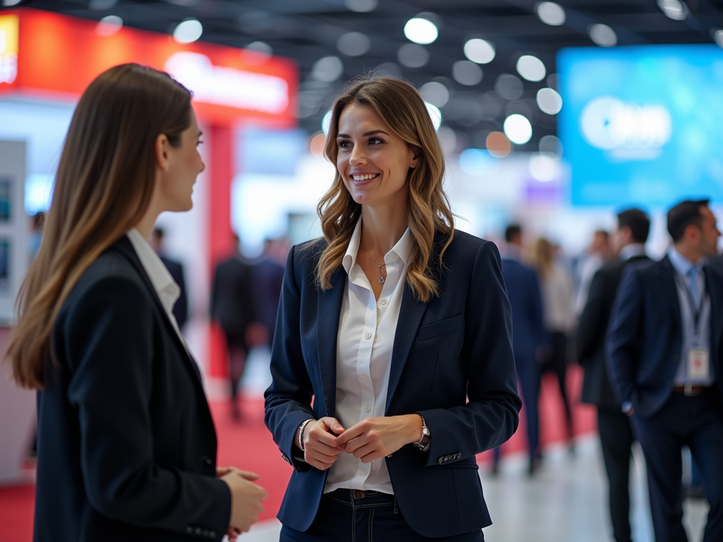 Two professional women conversing at a lively business expo with attendees in the background.