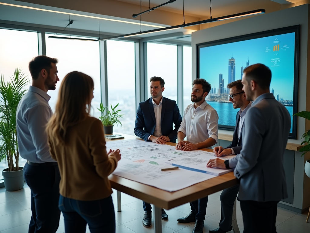 Team of professionals discussing over documents in a modern office with cityscape background.