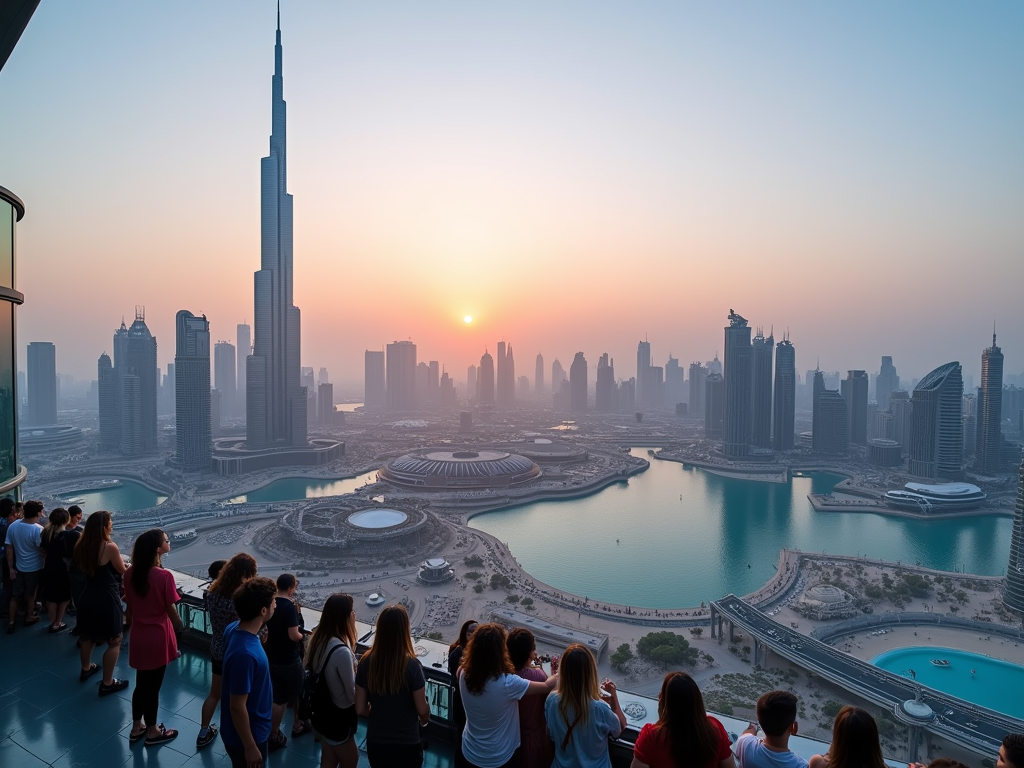 People watching sunset over a cityscape with tall skyscrapers and a large water body.