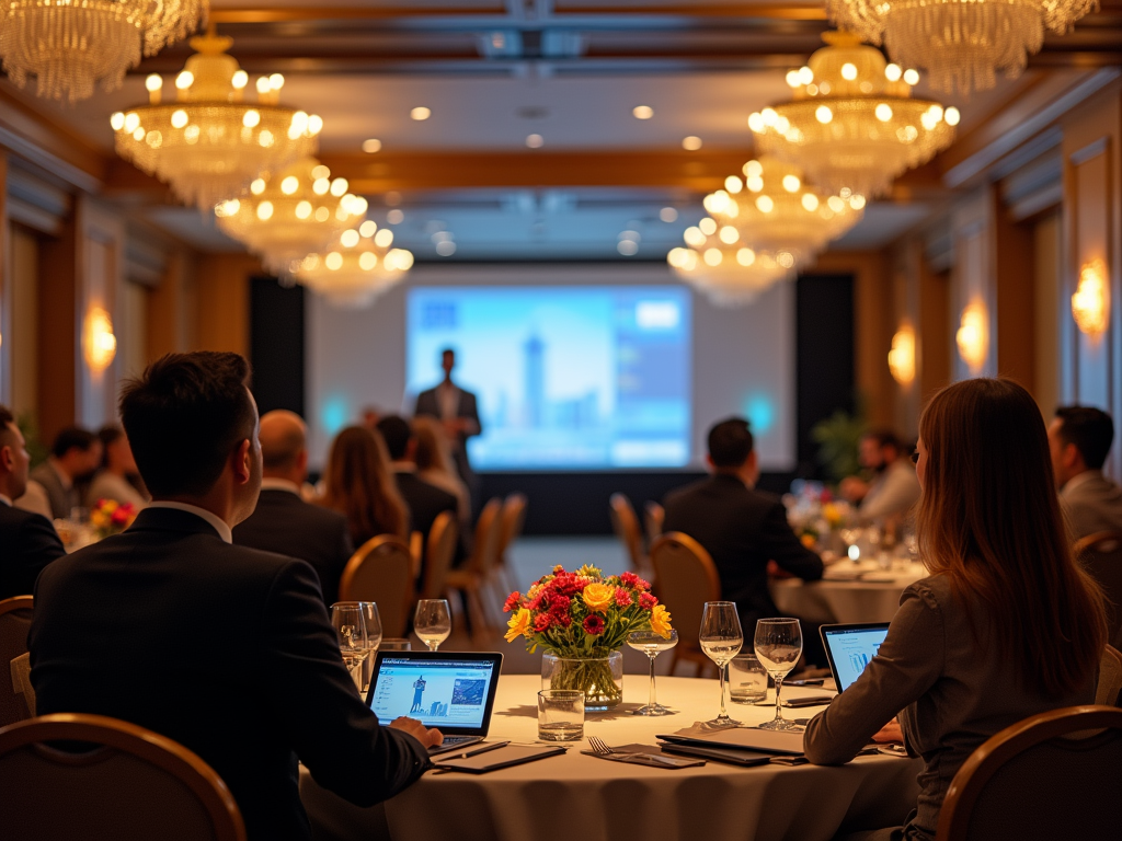 Business conference attendees listening to a speaker in an elegant room with chandeliers.