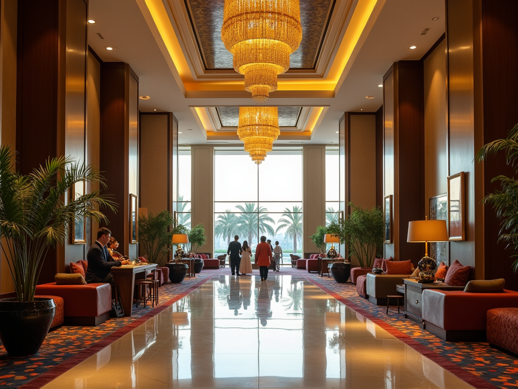 Luxurious hotel lobby with opulent chandeliers, plush seating, and guests enjoying the elegant setting.