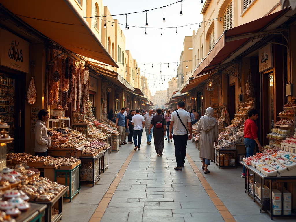 People shopping in a vibrant market street lined with stalls selling various goods under hanging lights.