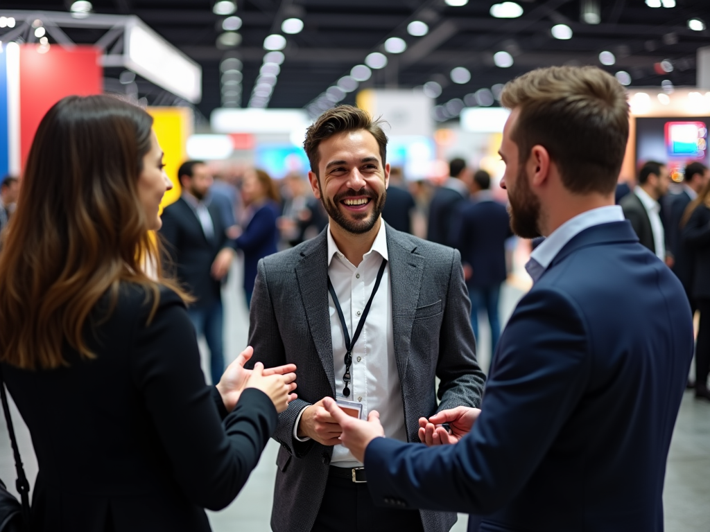 Three professionals conversing and laughing at a busy conference hall.