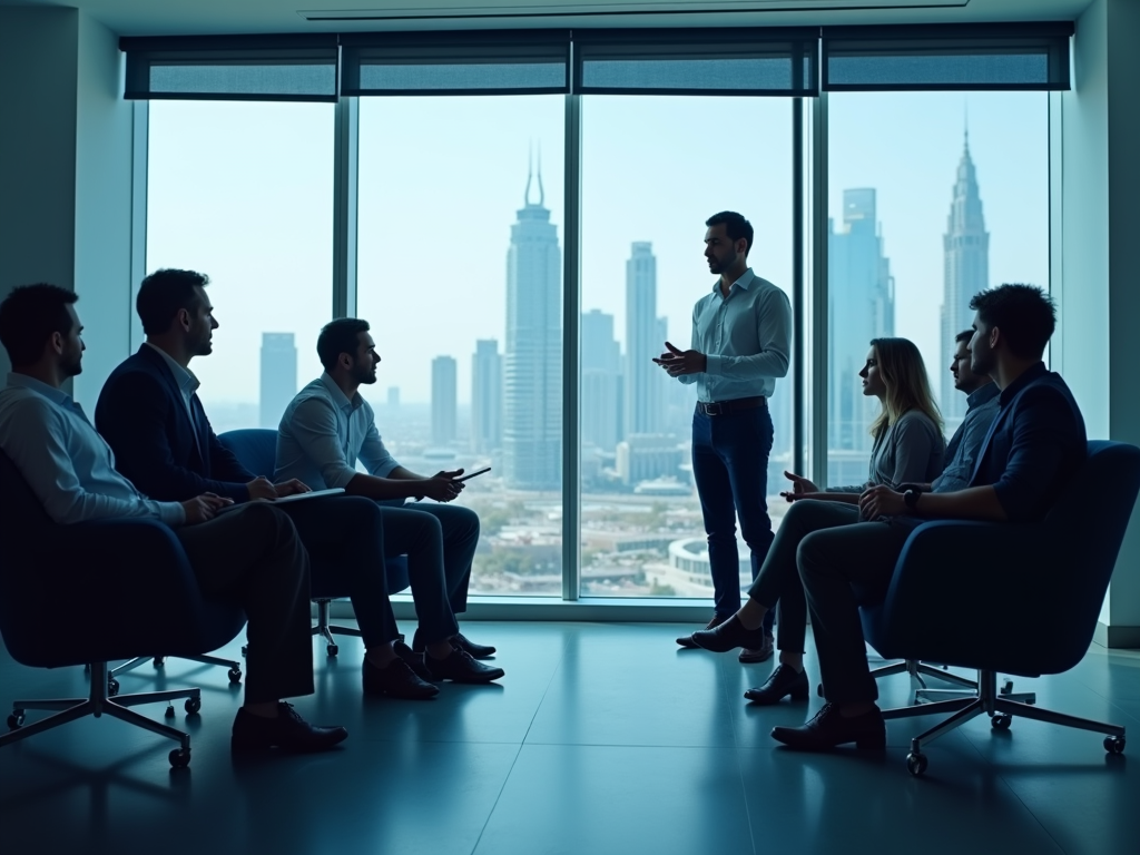 Group of professionals in a meeting with a man presenting, cityscape visible through large window.