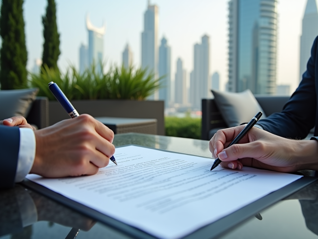 Two individuals signing documents on a table with a city skyline in the background.