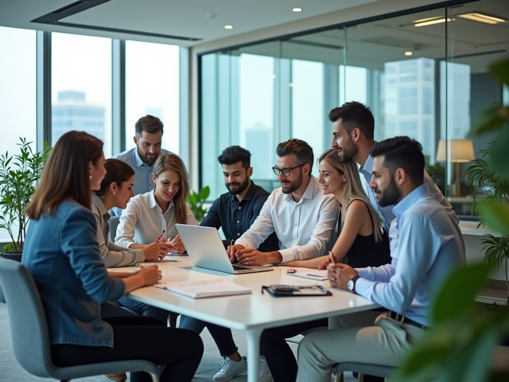 A group of diverse professionals engaged in a meeting around a laptop in a modern office setting.