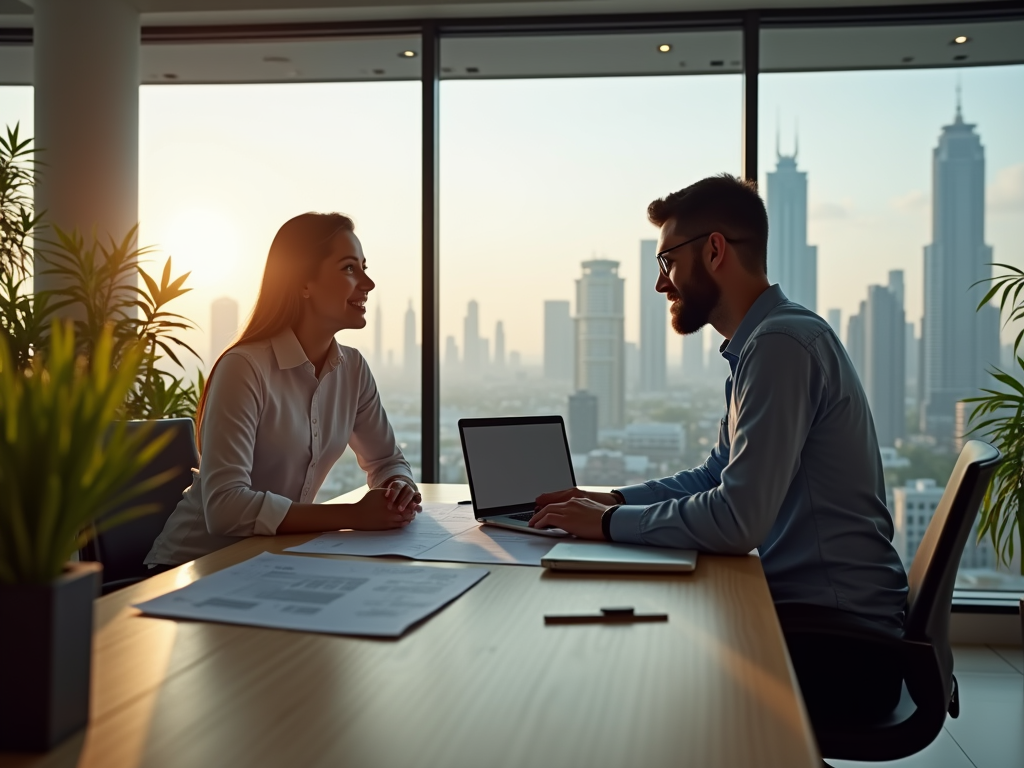 Two professionals discussing at a desk in a modern office with a city skyline during sunset.