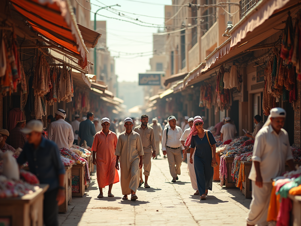 People walking in a bustling outdoor market, with stalls on either side, in a sunlit, busy street.