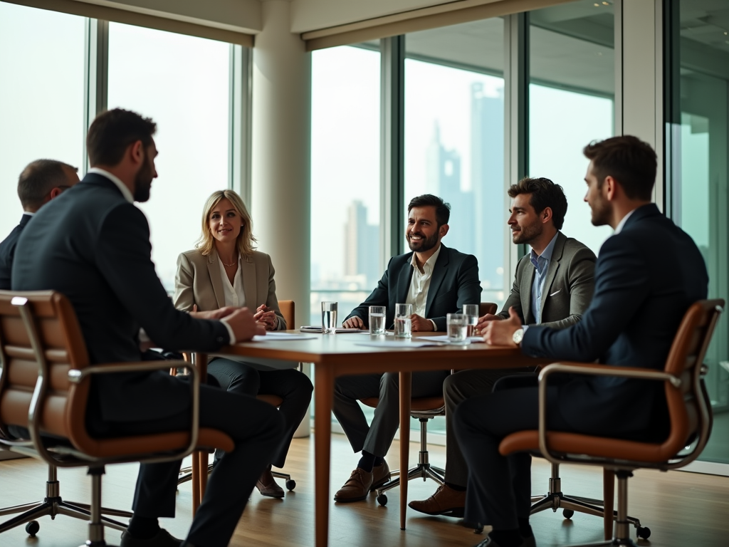 Business professionals in a meeting around a table in a high-rise office, cityscape visible through windows.