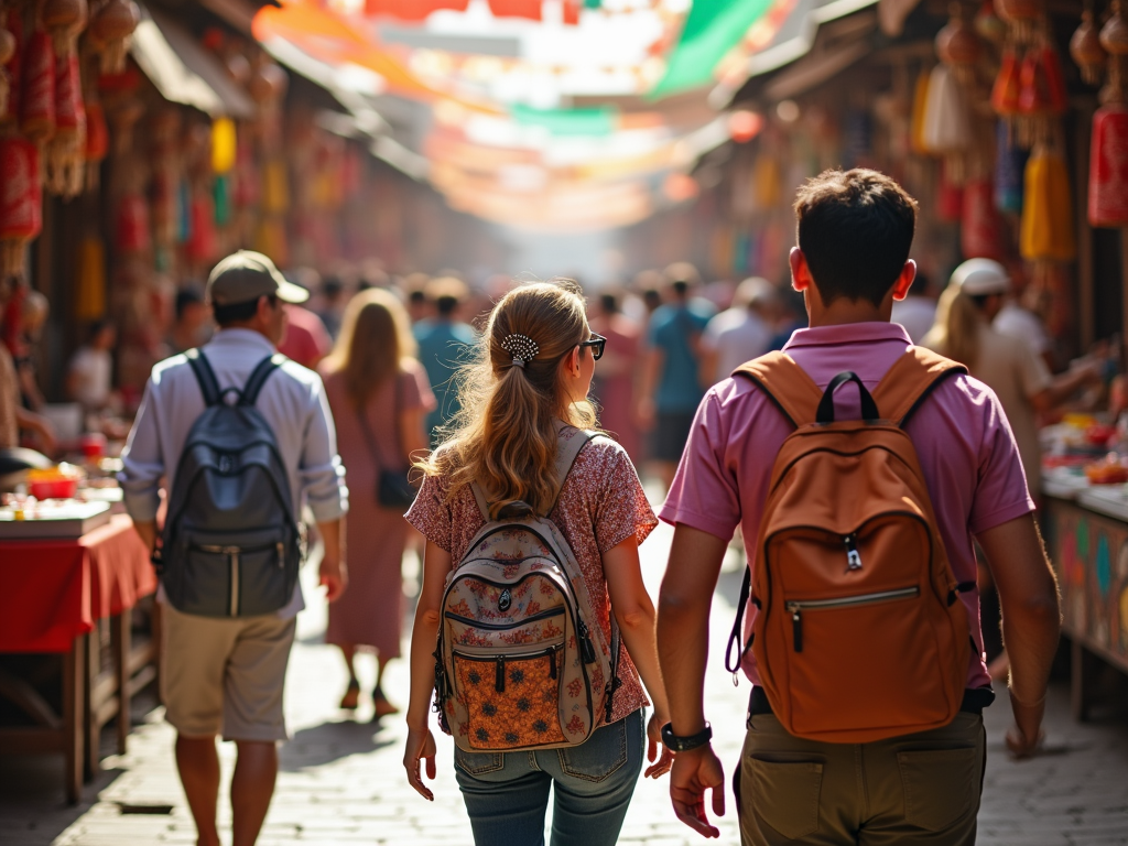 A couple with backpacks strolling through a vibrant market street.