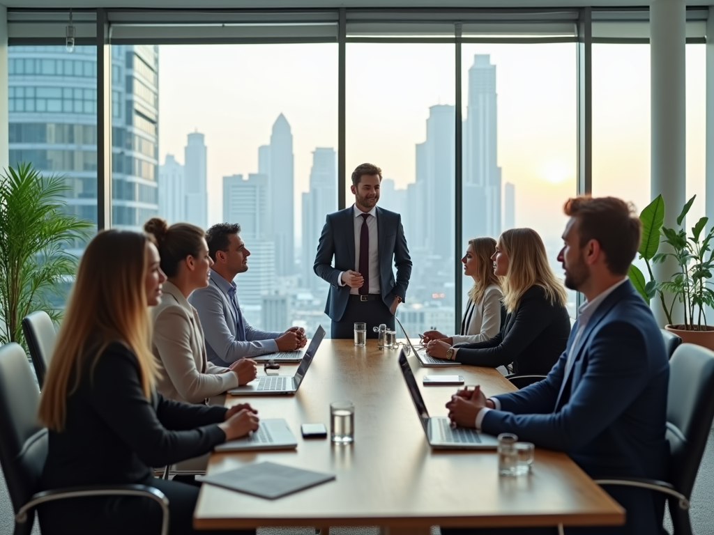 Businessman presenting to colleagues in a meeting room with a cityscape backdrop at sunset.