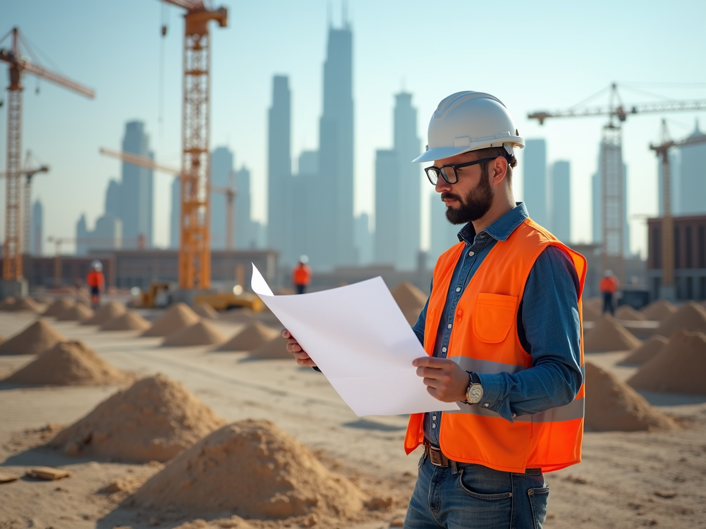 Engineer in orange vest and helmet reviewing blueprints at construction site with city skyline.