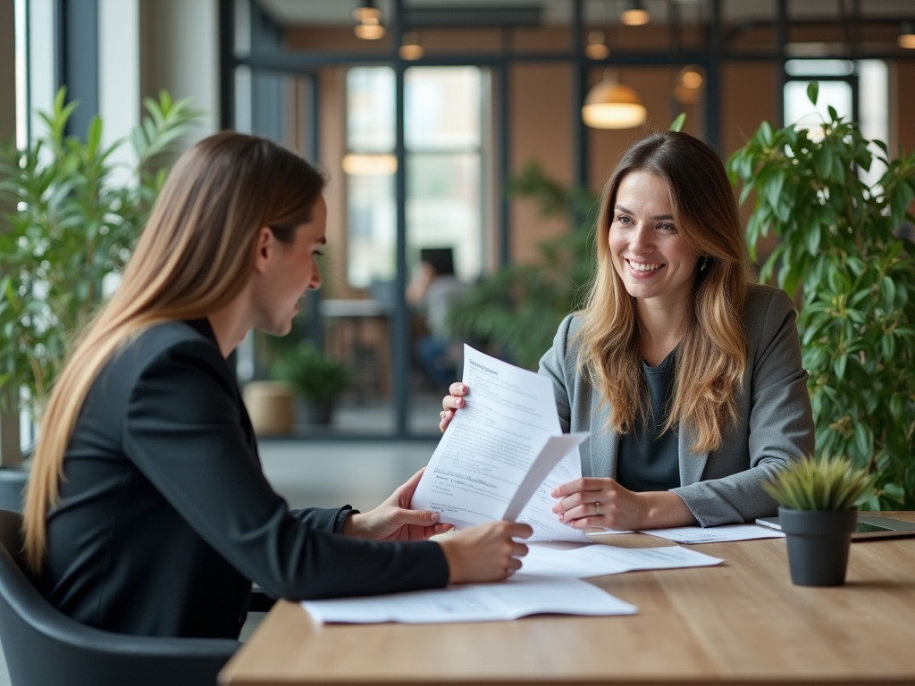 Two women discussing a document at a table in a modern office setting.