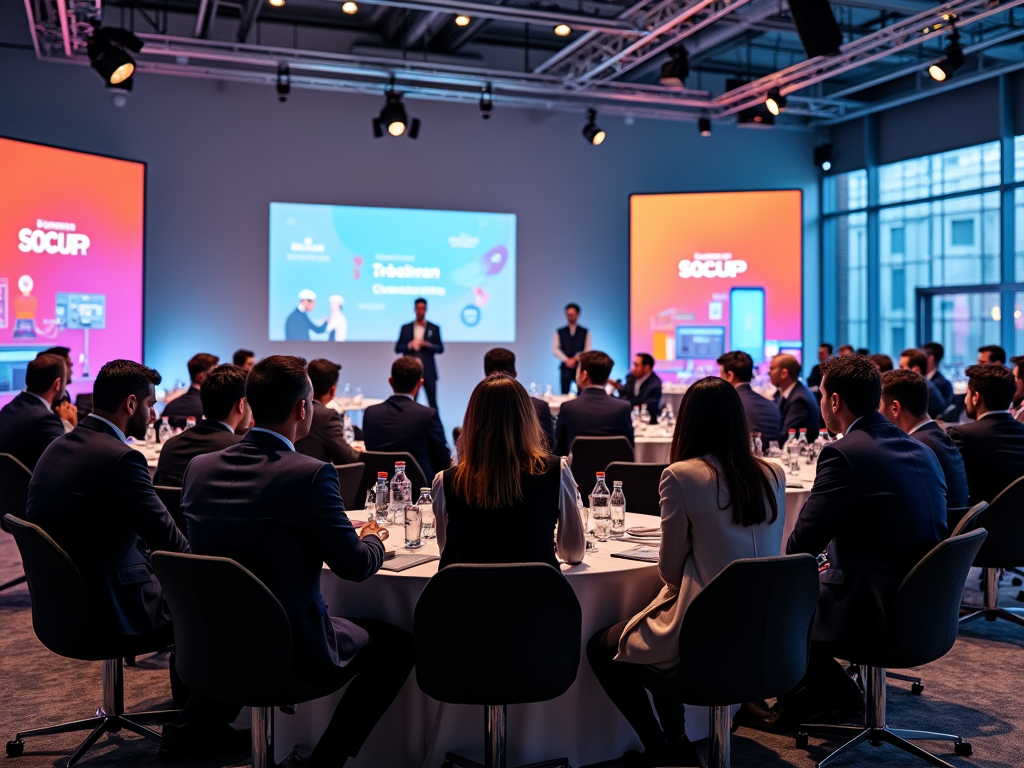 Audience of professionals at a business conference listening to a speaker on stage.