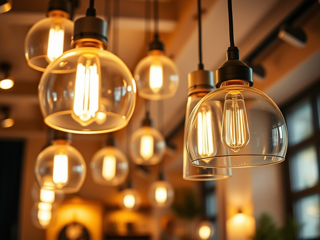 A collection of stylish hanging glass pendant lights glowing warmly in a modern cafe interior.