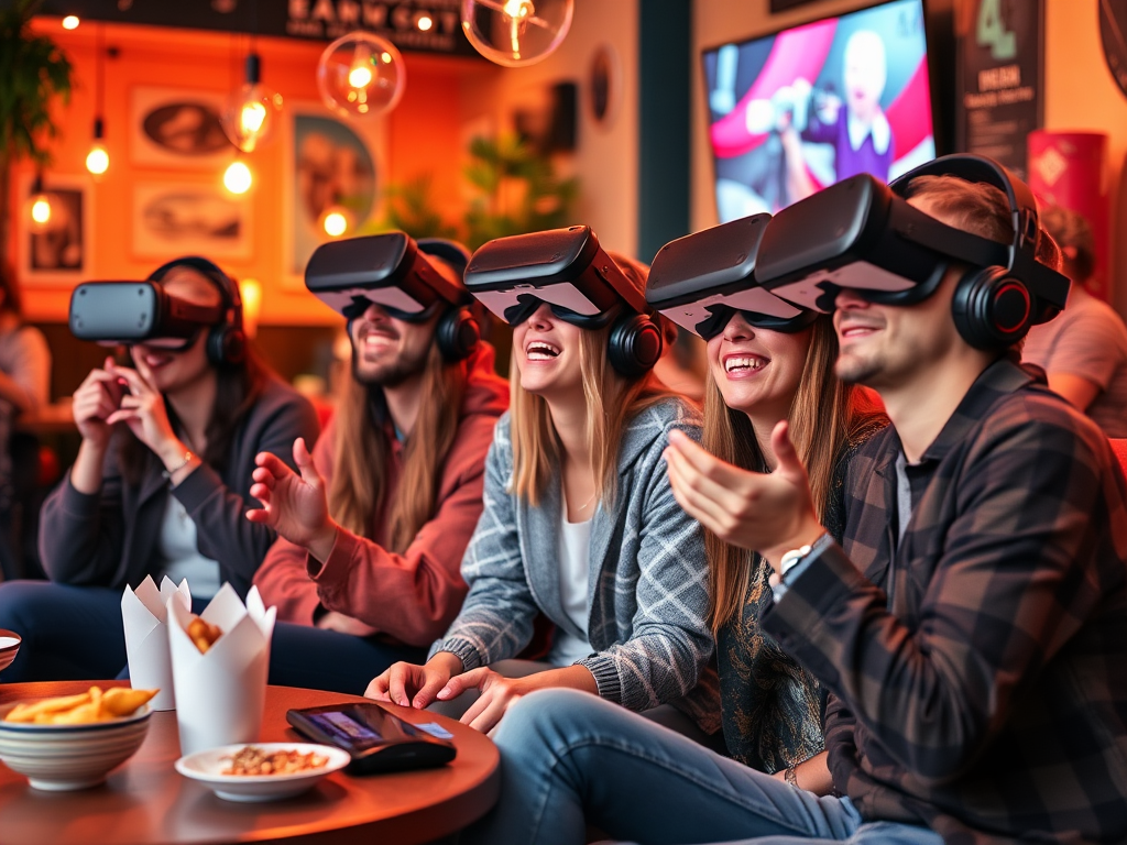 A group of five people in VR headsets enjoying an immersive experience at a lively social setting.