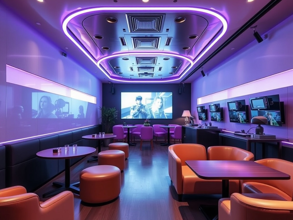 A stylish lounge featuring purple lighting, modern furniture, and screens displaying video content.