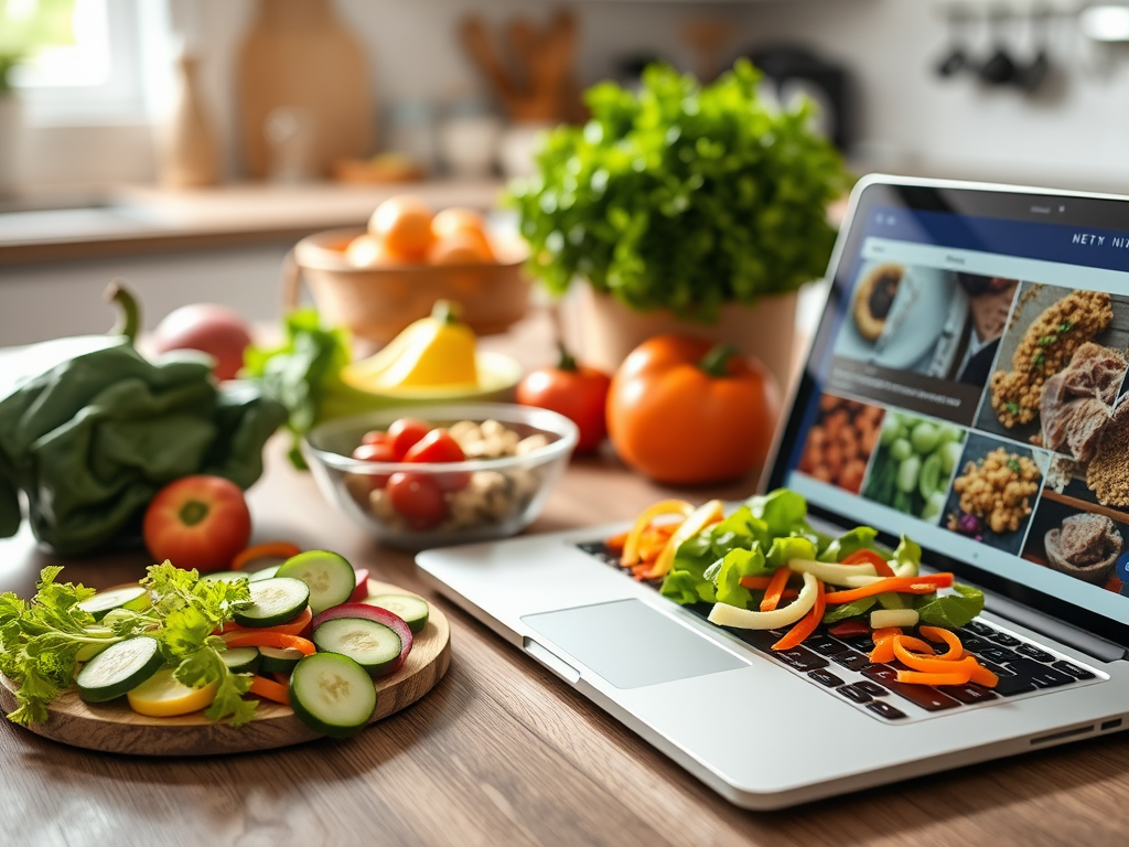 A laptop on a kitchen counter surrounded by fresh vegetables and fruits, with sliced veggies on a wooden plate.