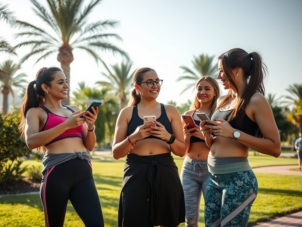 Four women in athletic wear smile and use their smartphones in a sunny park with palm trees in the background.