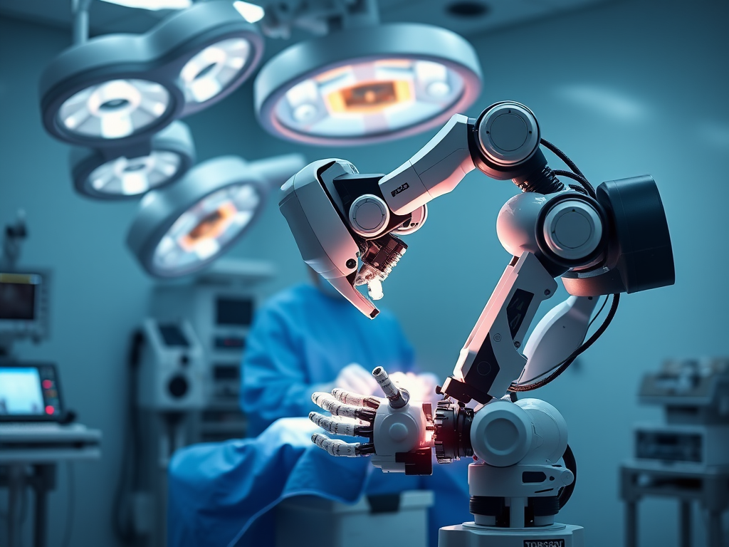 A robotic surgical arm operates in a modern operating room with bright lights and a medical professional nearby.