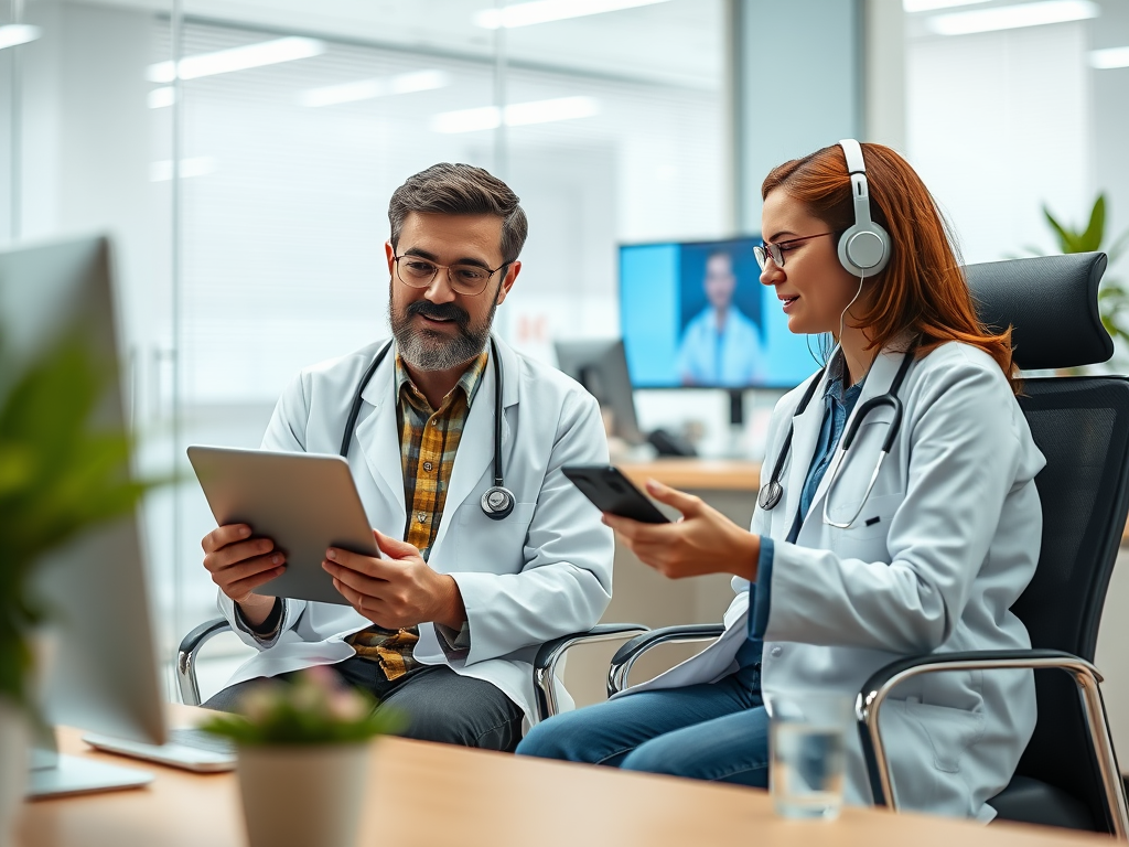 Two doctors sit in an office, discussing while using a tablet and smartphone, with computers in the background.