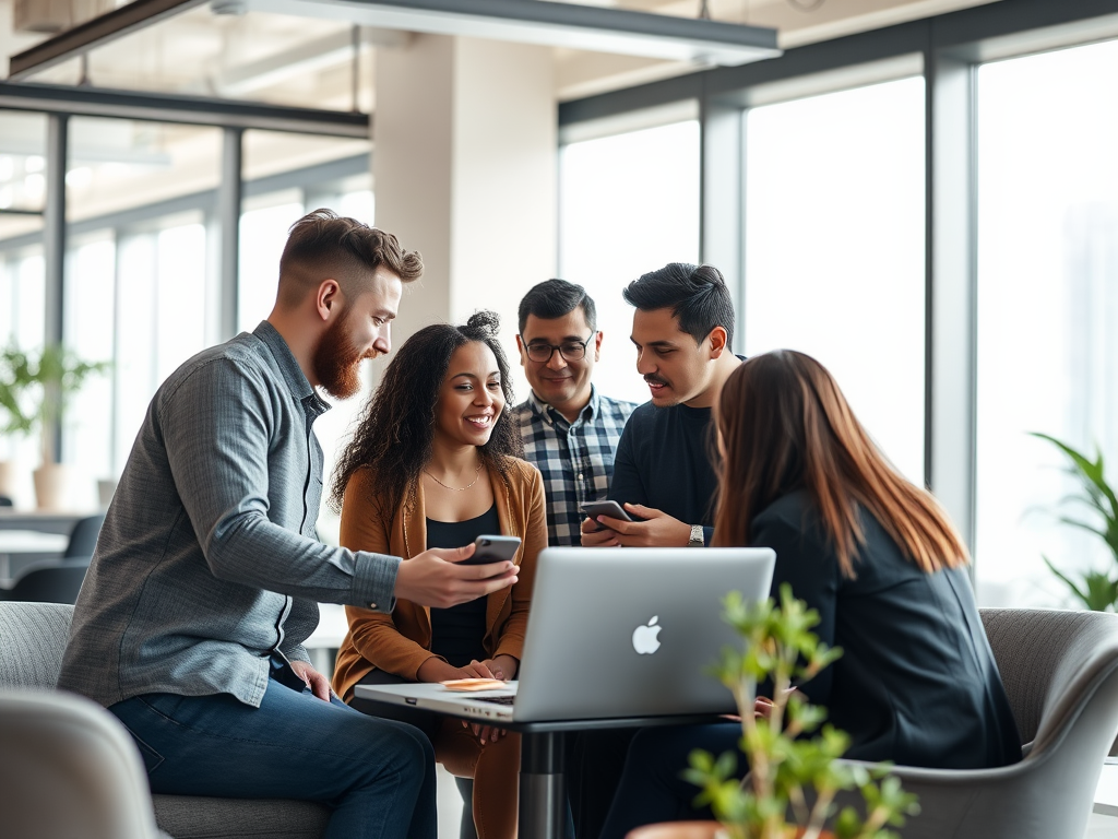 A group of five people collaborates around a laptop, engaged in discussion and checking their phones.