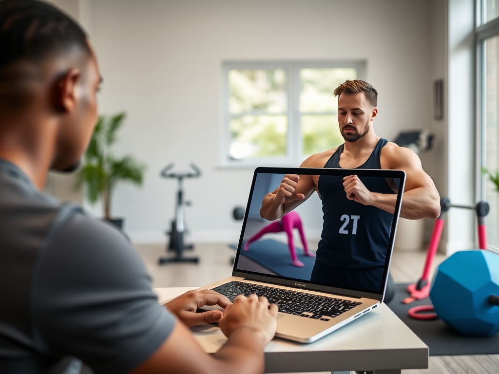 A person exercises by following a fitness instructor on a laptop in a home gym setting.