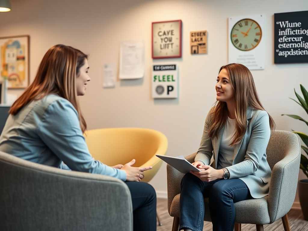 Two women are seated in a modern office, engaged in a friendly conversation. One holds a tablet.