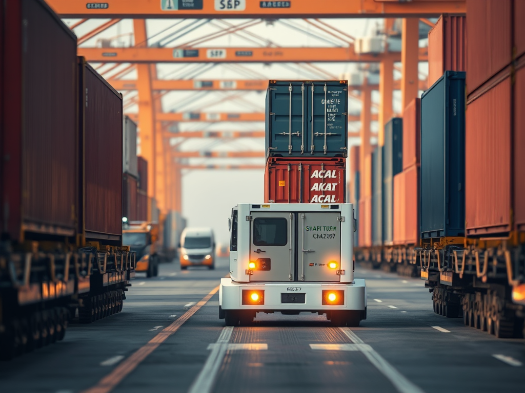 A container truck navigates through a shipping yard lined with freight containers and overhead cranes.