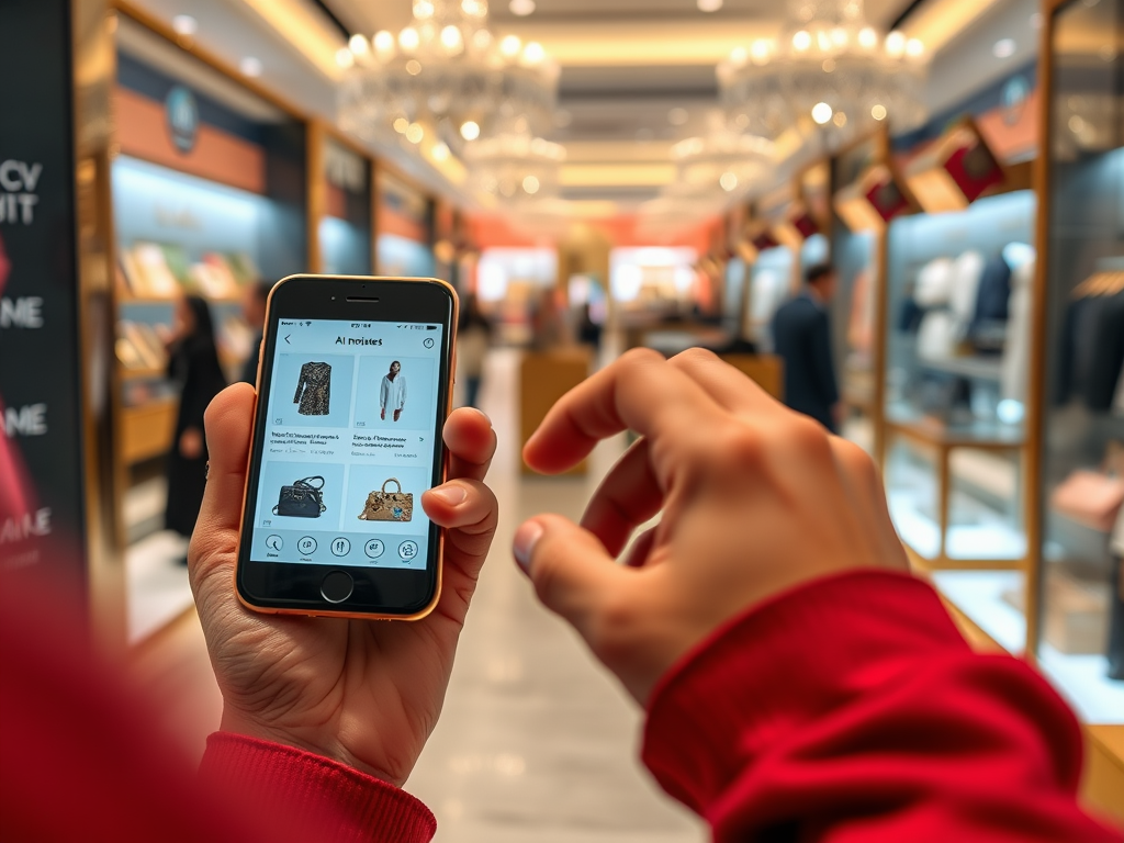 A person holding a smartphone in a store, browsing a fashion shopping app, with elegant displays in the background.