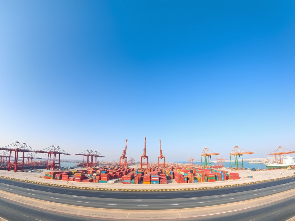 A panoramic view of a busy shipping port with stacked containers and cranes under a clear blue sky.