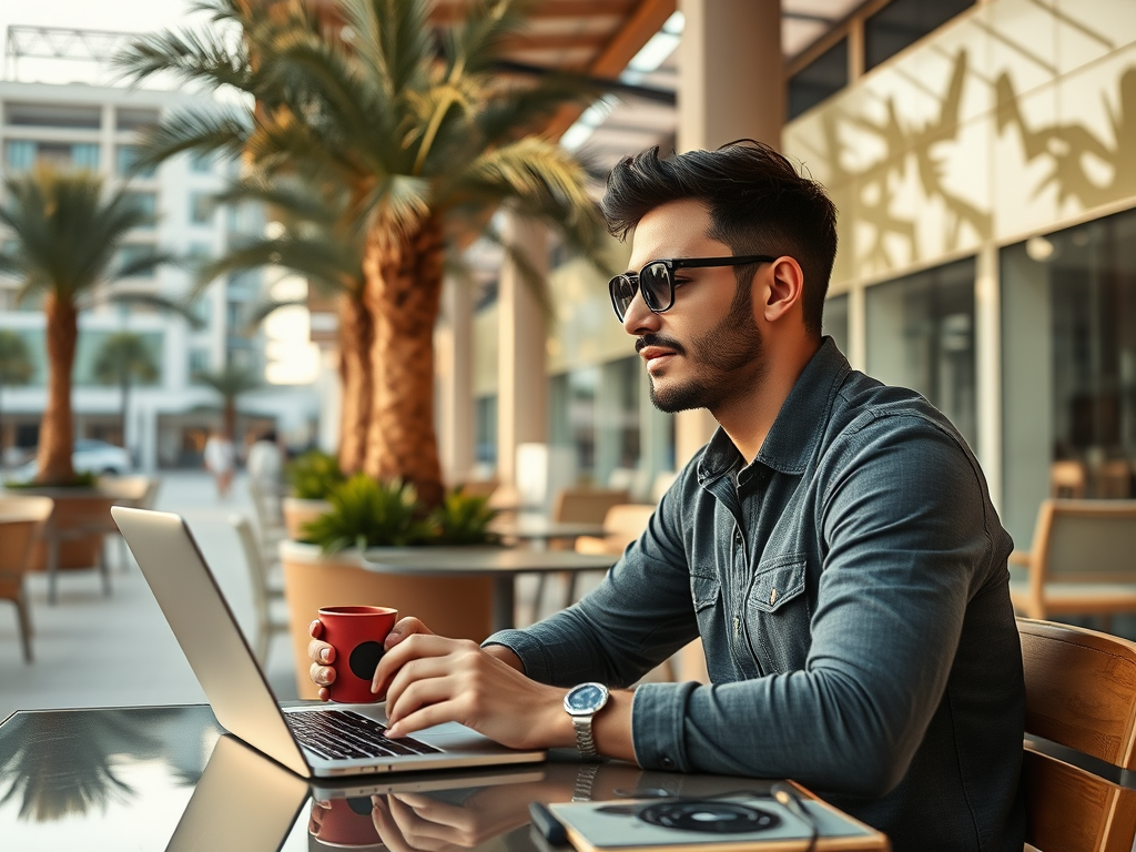 A man in sunglasses sits at an outdoor cafe, using a laptop and holding a small cup of coffee. Palm trees in the background.