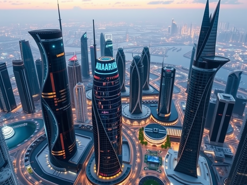 Aerial view of a futuristic city skyline with tall, modern skyscrapers and illuminated roads at twilight.