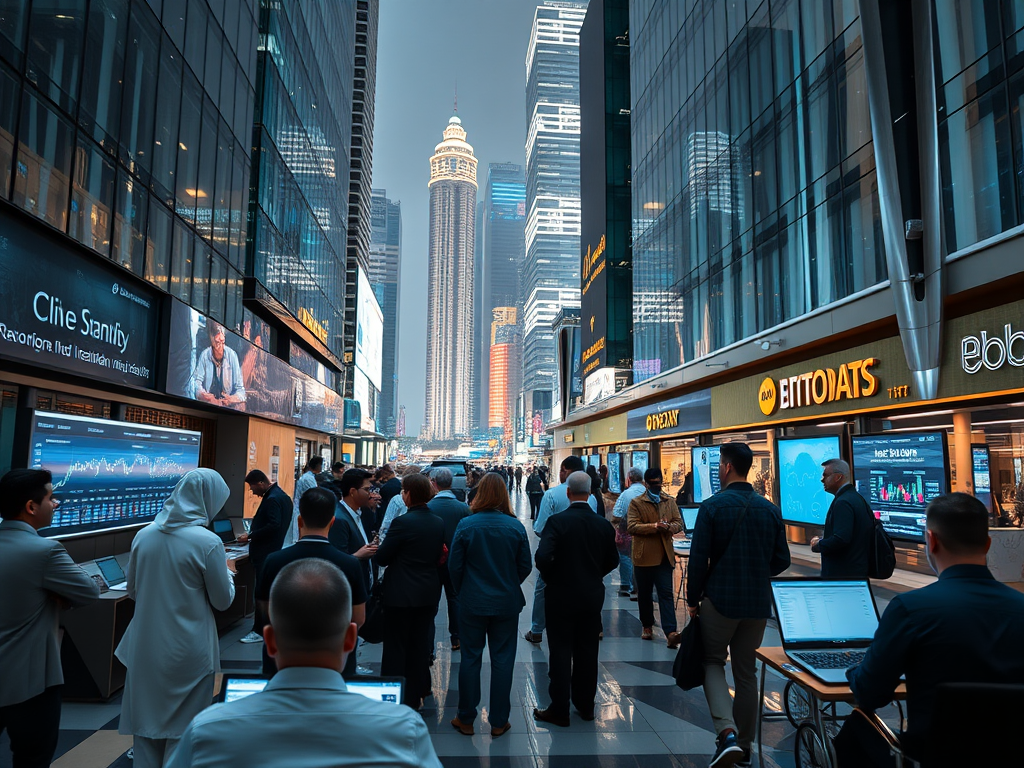 A busy urban street with people and modern buildings, showcasing screens and shops amidst a bustling atmosphere.