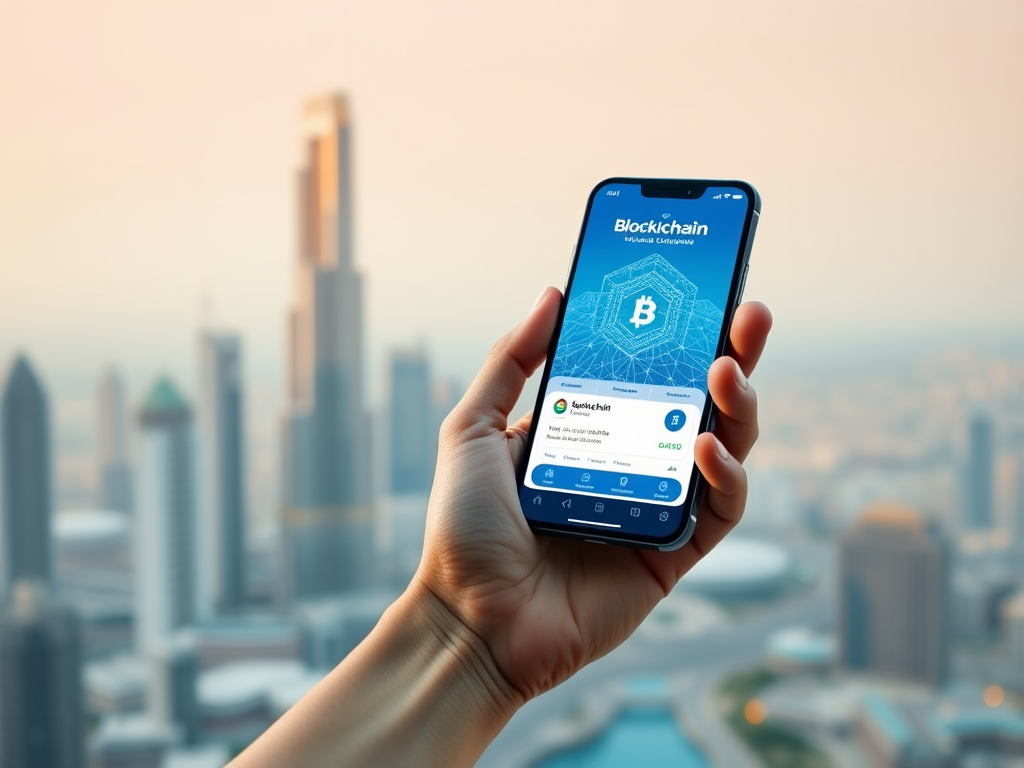 A hand holding a smartphone displaying a blockchain app with a city skyline in the background during sunset.