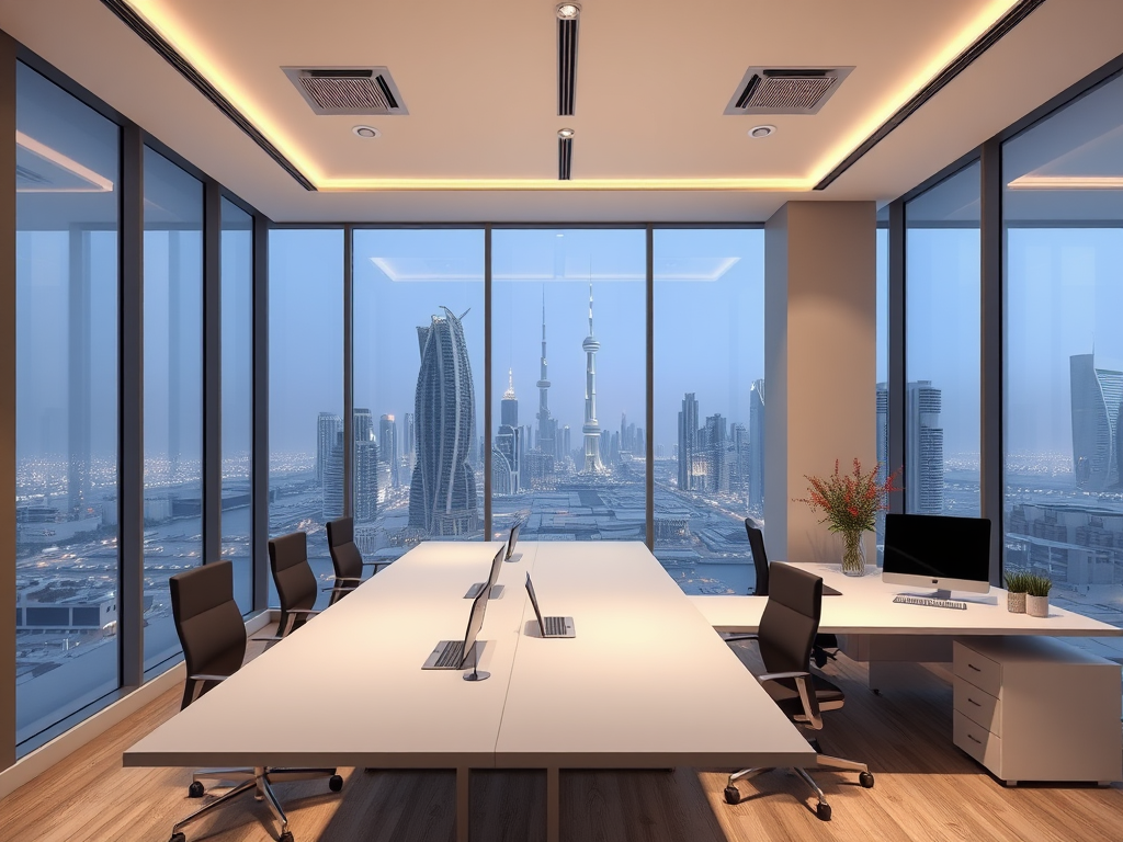 A modern office with a large window view of a city skyline, featuring tall buildings and a twilight sky.