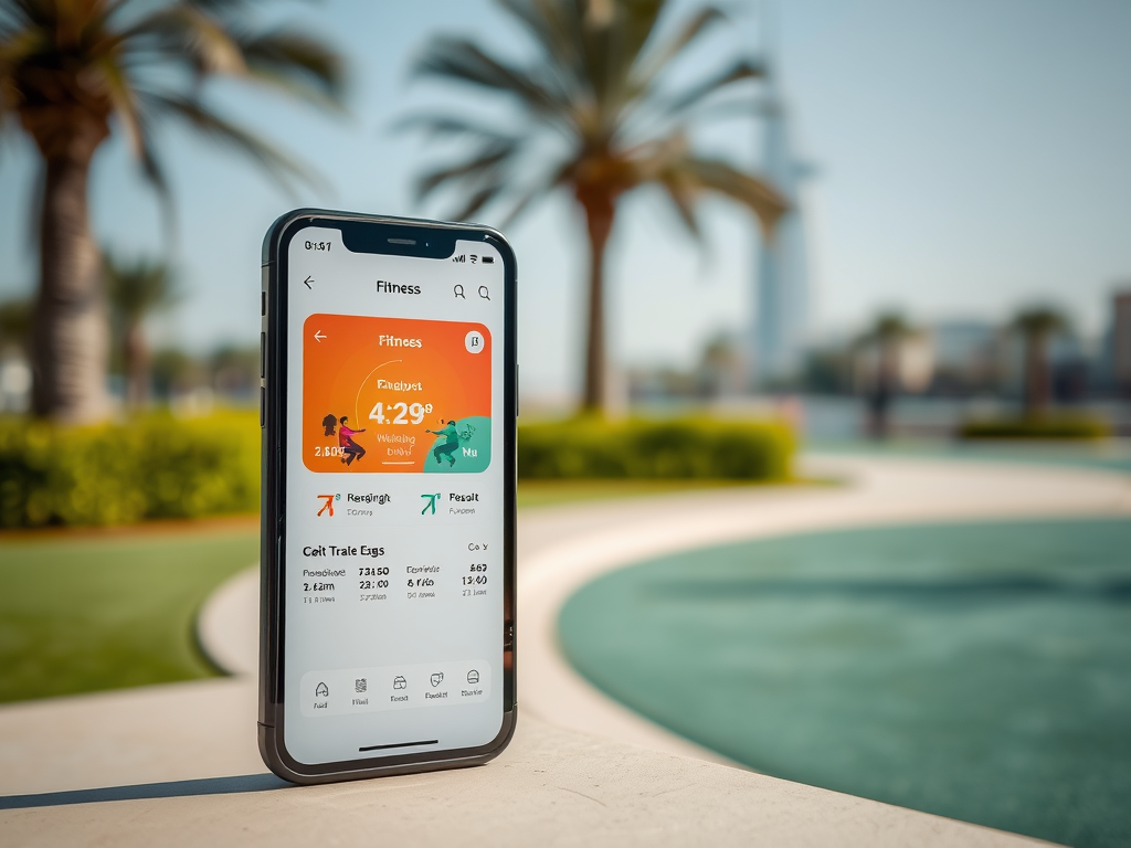 A smartphone displaying a fitness app, with workout stats and a scenic outdoor background featuring palm trees.